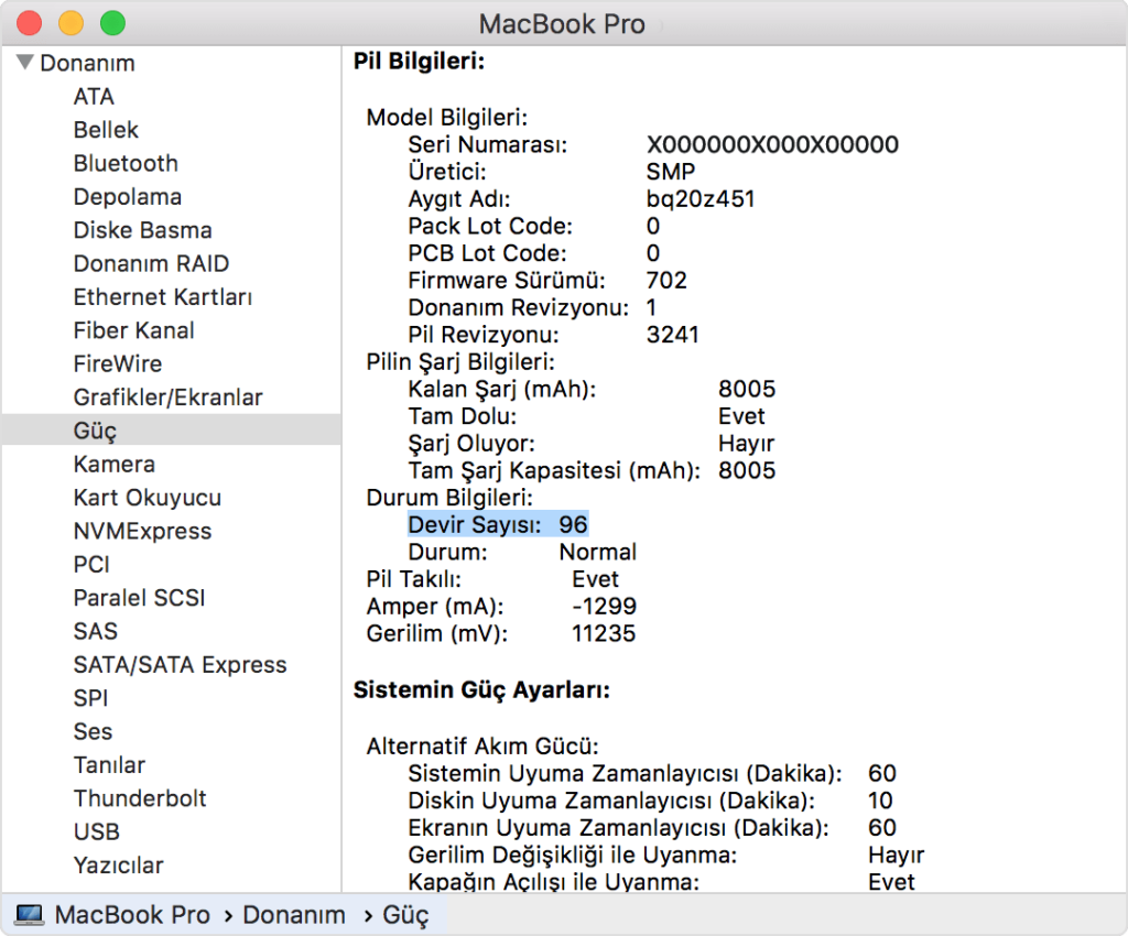 Macbook Bilgisayarlarda Pil Devir Sayısı